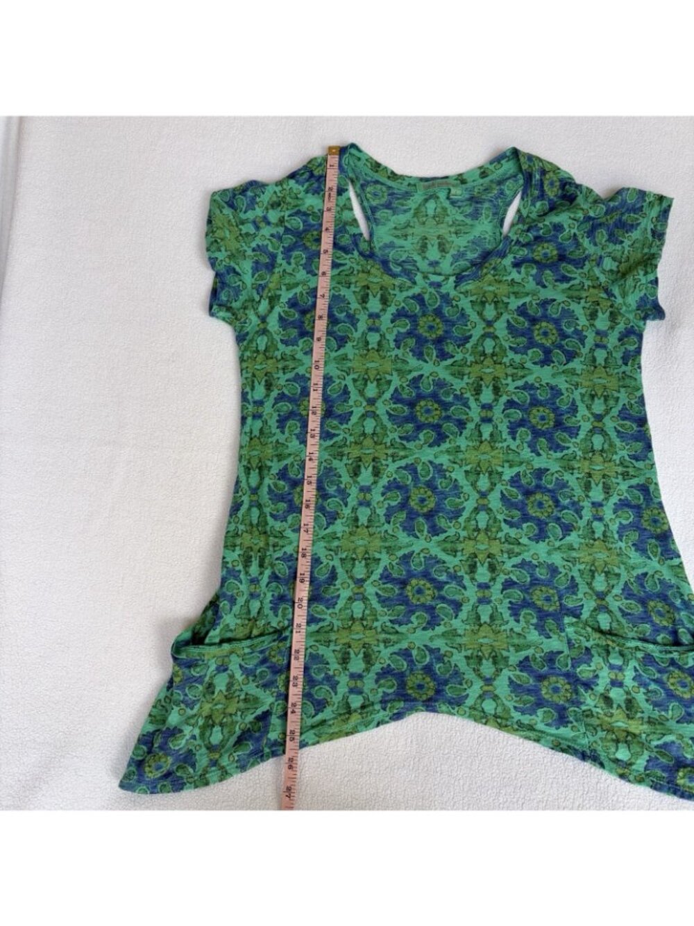 Fresh Produce Women’s Small Green Blue Geometric Tunic Top Pockets Asym Hem - Picture 3 of 9